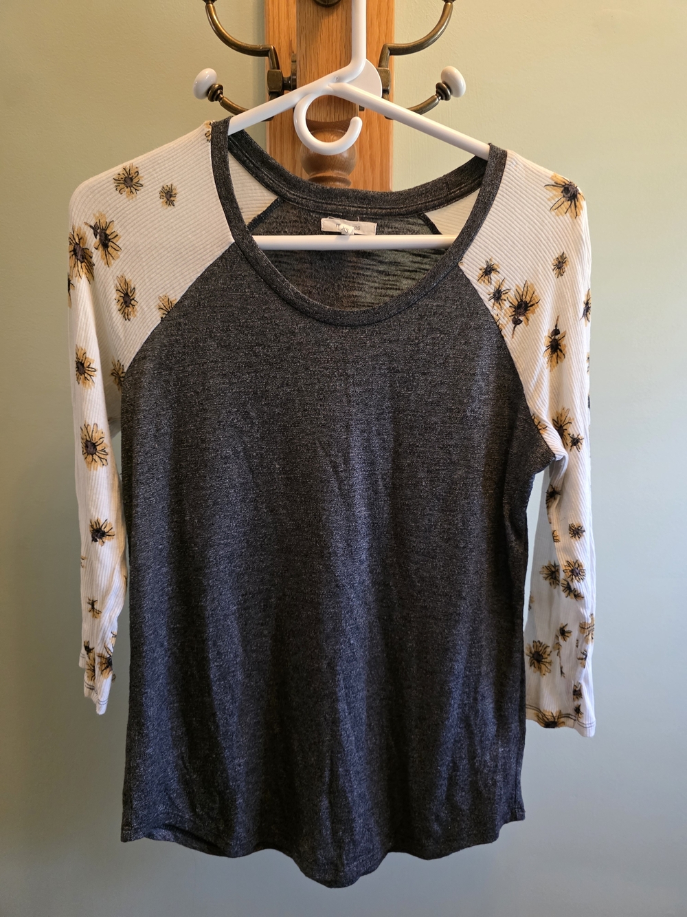 Maurices Charcoal Raglan Tee with Cream Sunflower Sleeves